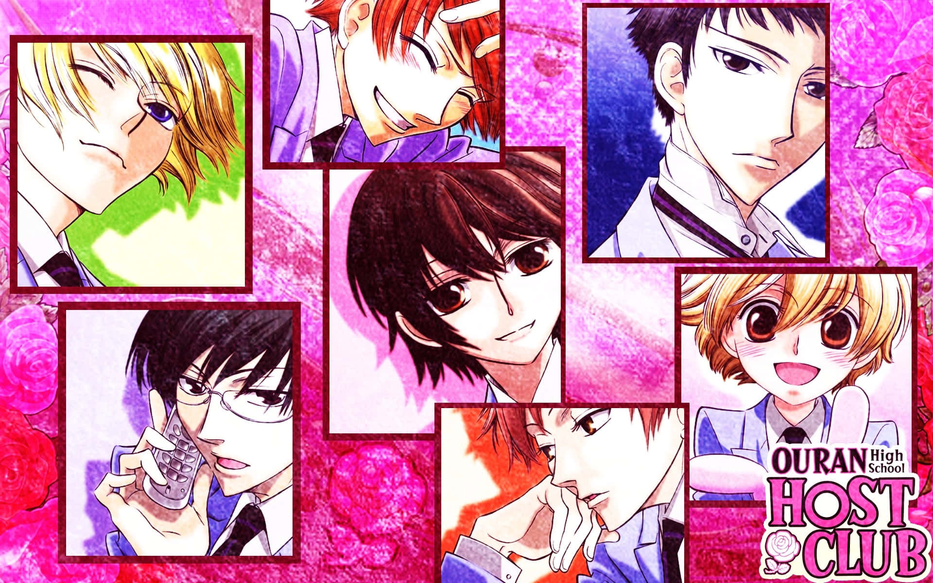 Caption: Members Of The Ouran High School Host Club Grouped Together In Brotherly Camaraderie. Background