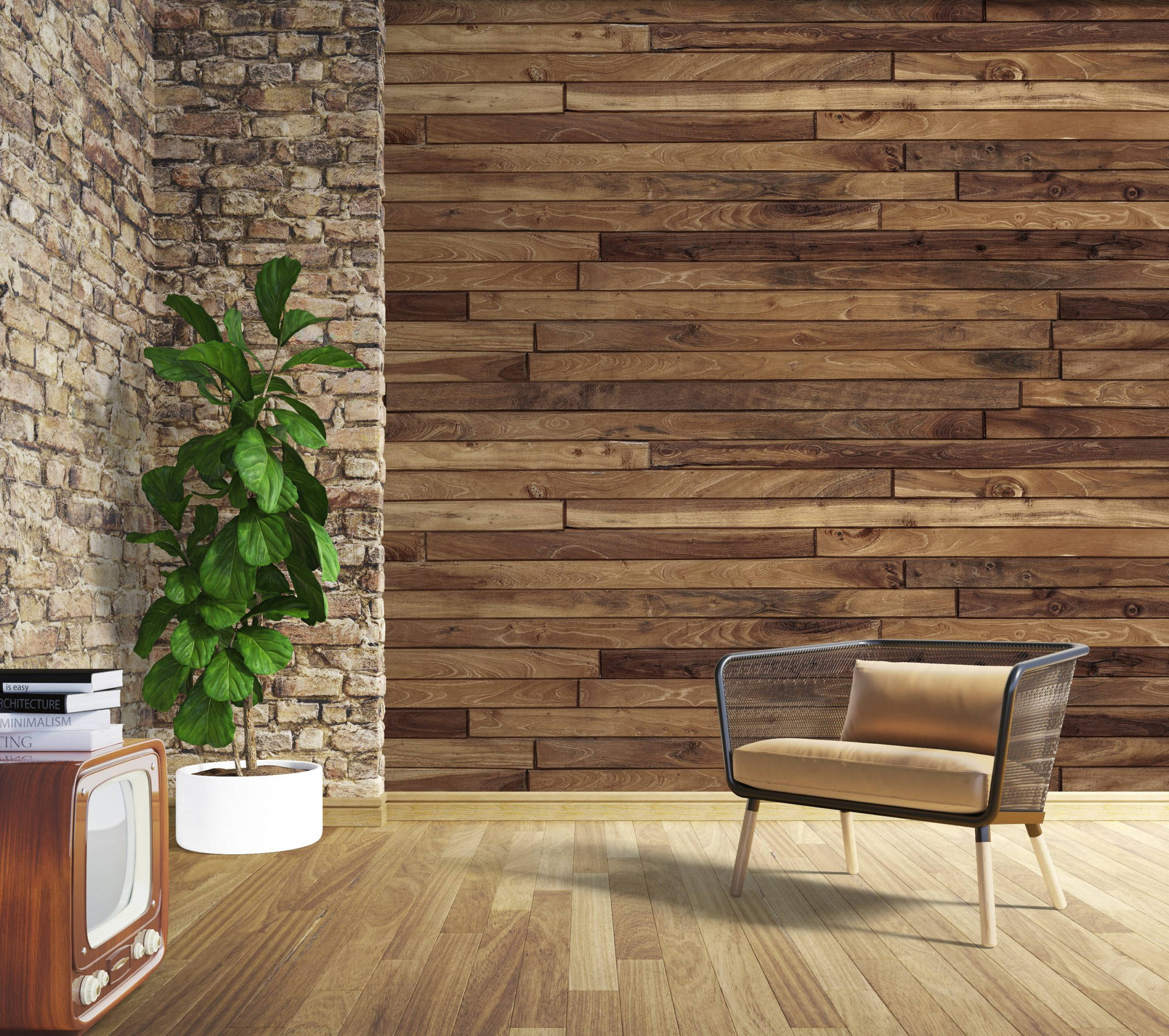 Caption: Modern Room Interior With Rustic Brick Texture And Wooden Accents Background