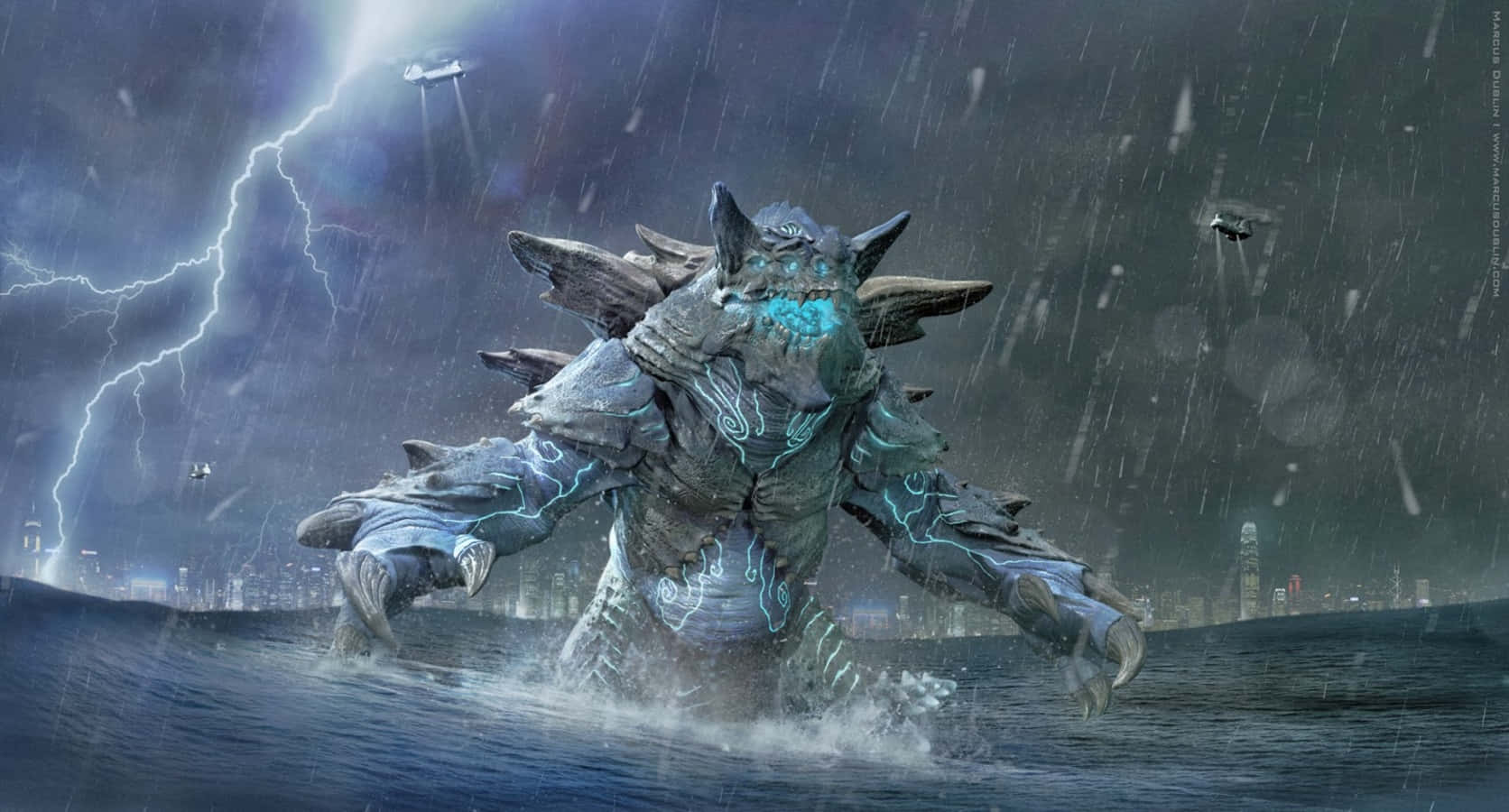 Caption: Monstrous Kaiju Battle In The City Background