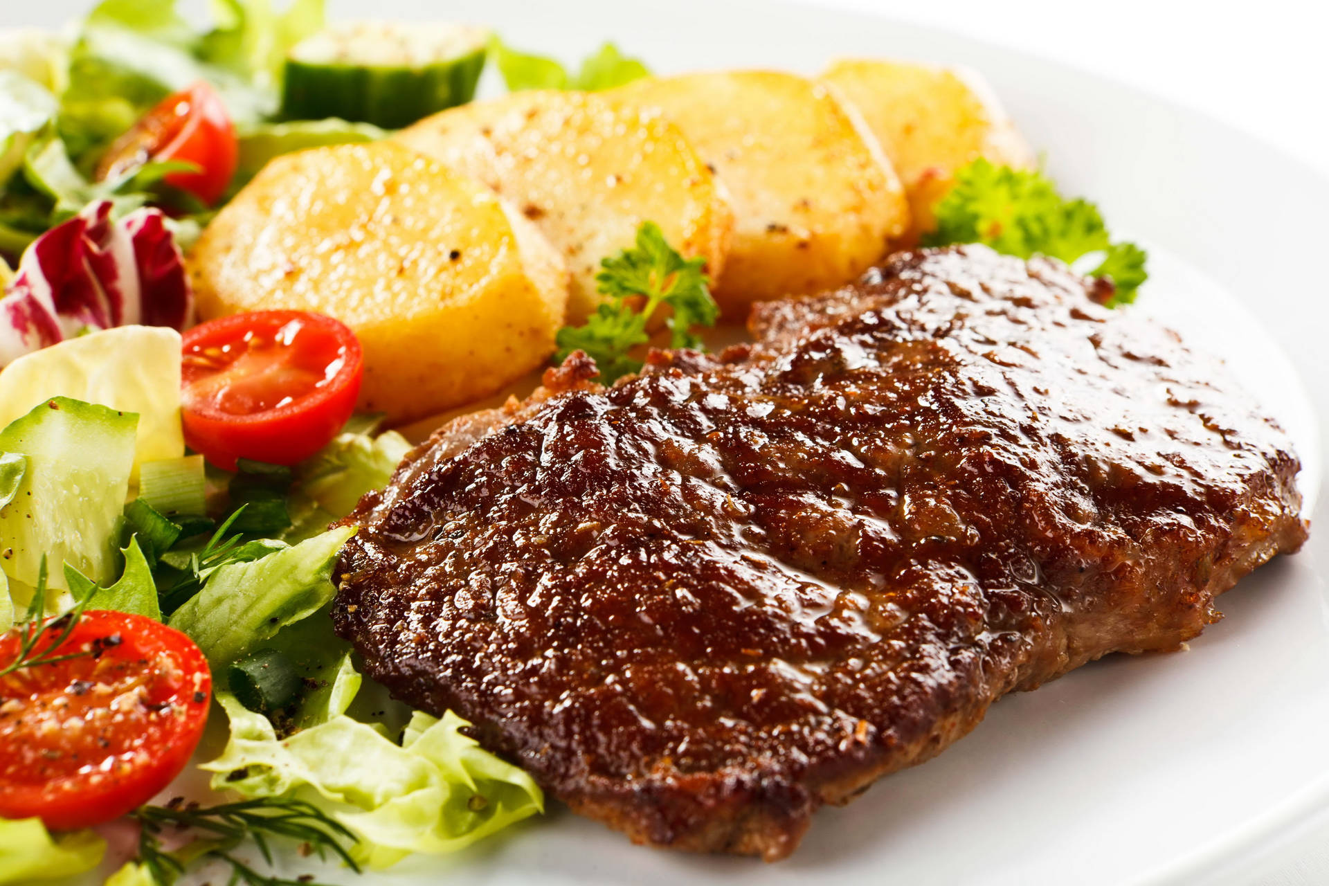 Caption: Mouthwatering Steak Parrilla With Fresh Veggies Background