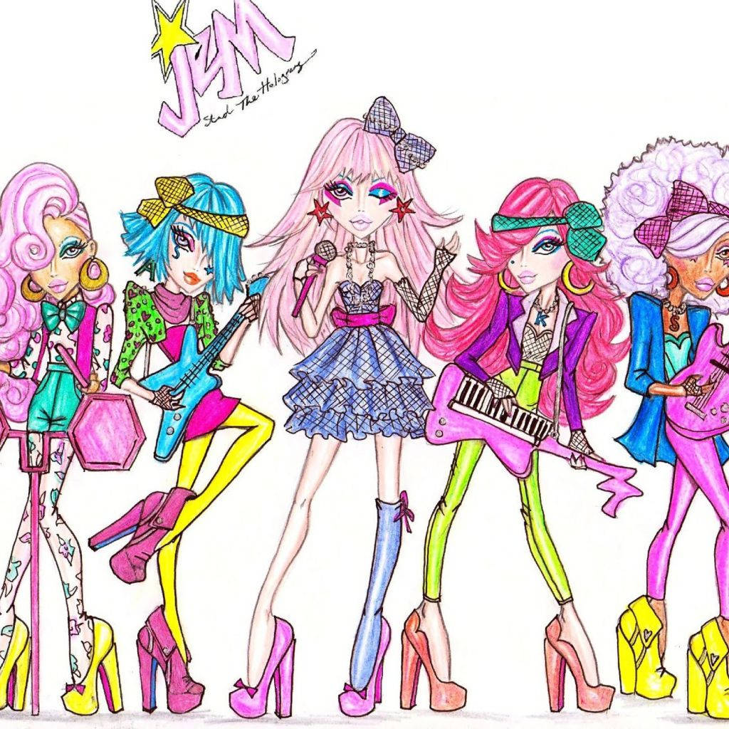 Caption: Multicolored Illustration Of Jem And Her Band From The Popular Jem And The Holograms Tv Show. Background