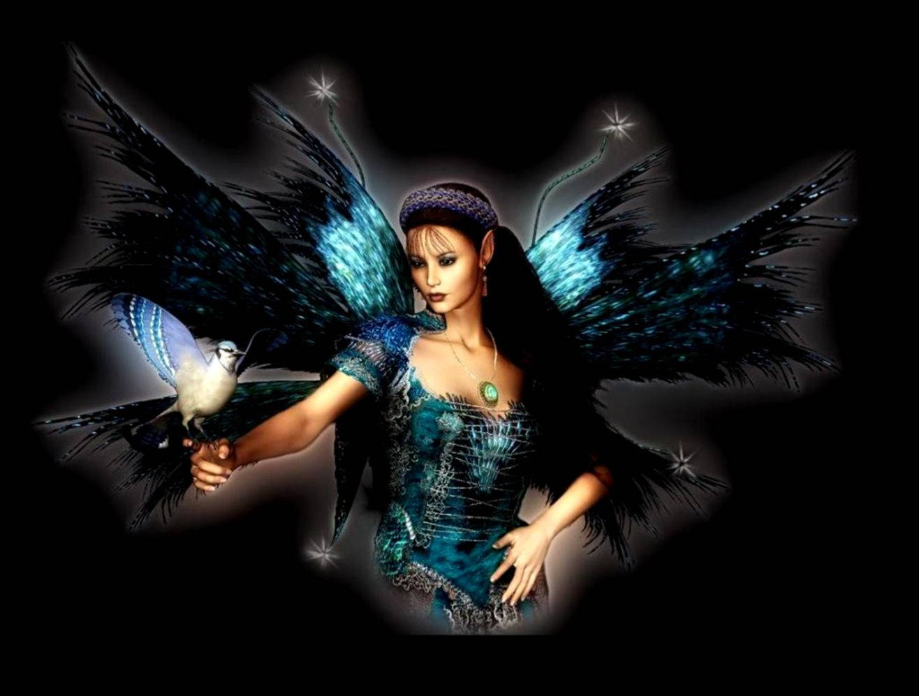 Caption: Mystical Enigma - Beautiful Dark Fairy With Blue Wings Background