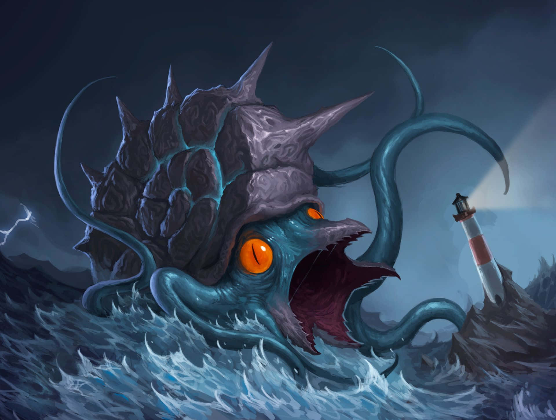 Caption: Omastar Unleashes Its Fury In The Depths Of The Ocean Background