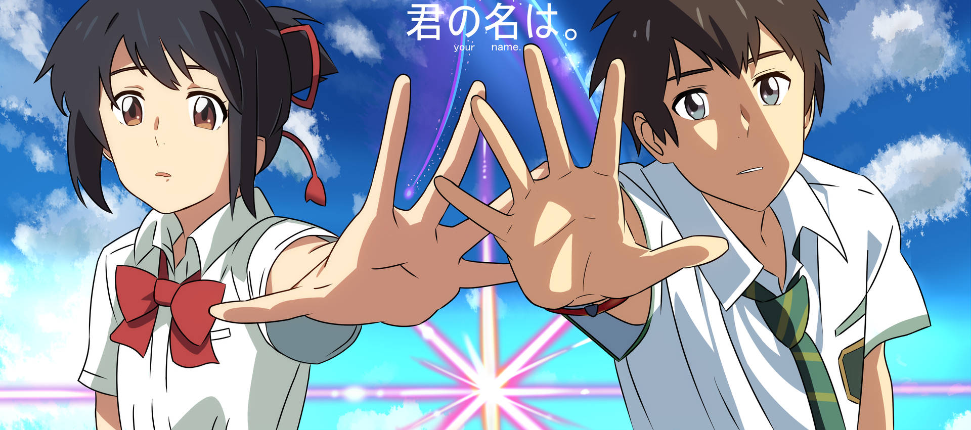 Caption: Outstretched Hands Reaching In The Star-lit Sky From The Popular Anime Film, Your Name In 4k Resolution.