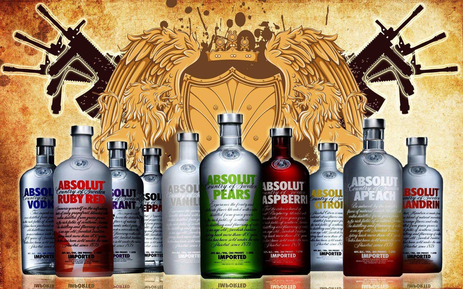 Caption: Premium Absolut Vodka Bottle Displayed On Coat Of Arms. Background