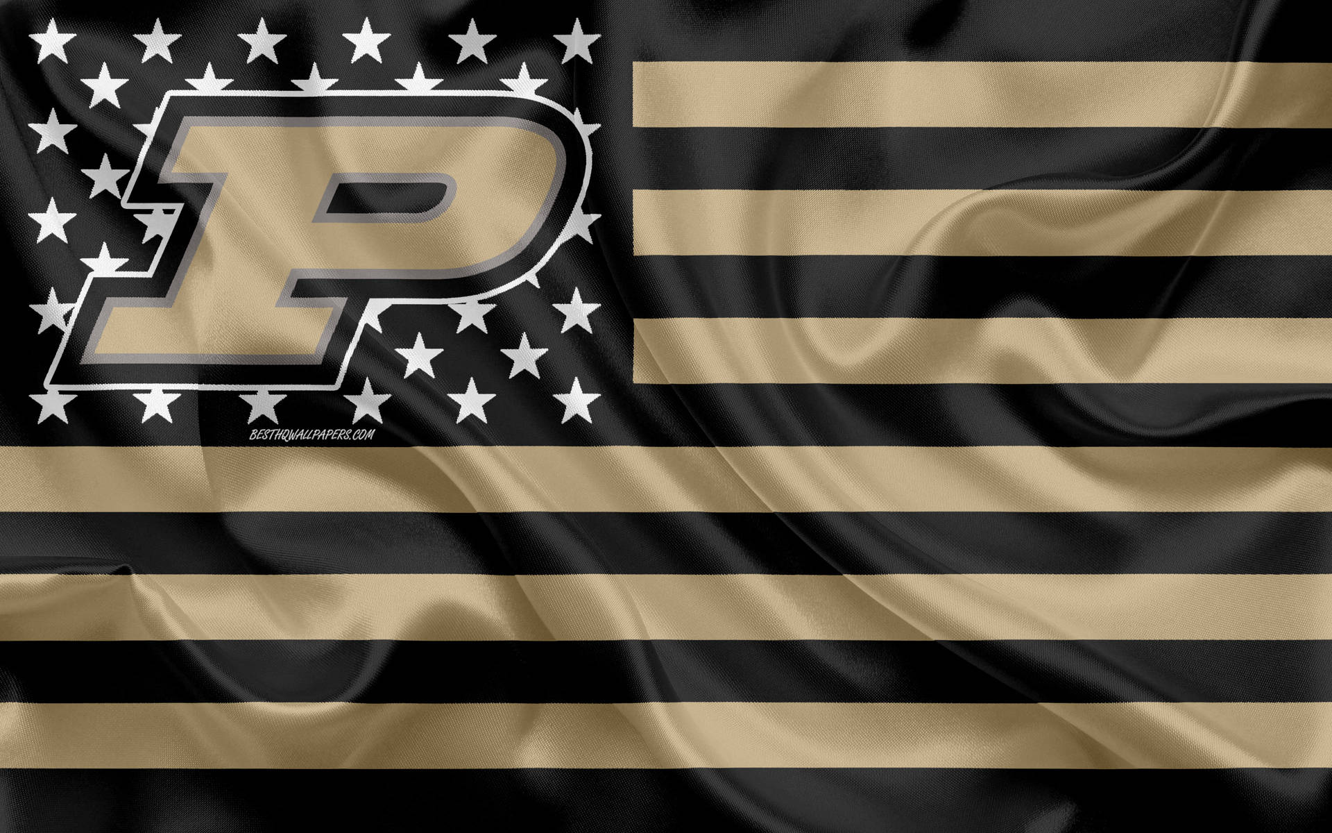 Caption: Purdue University - Logo Embellished On A Gold And Black Flag