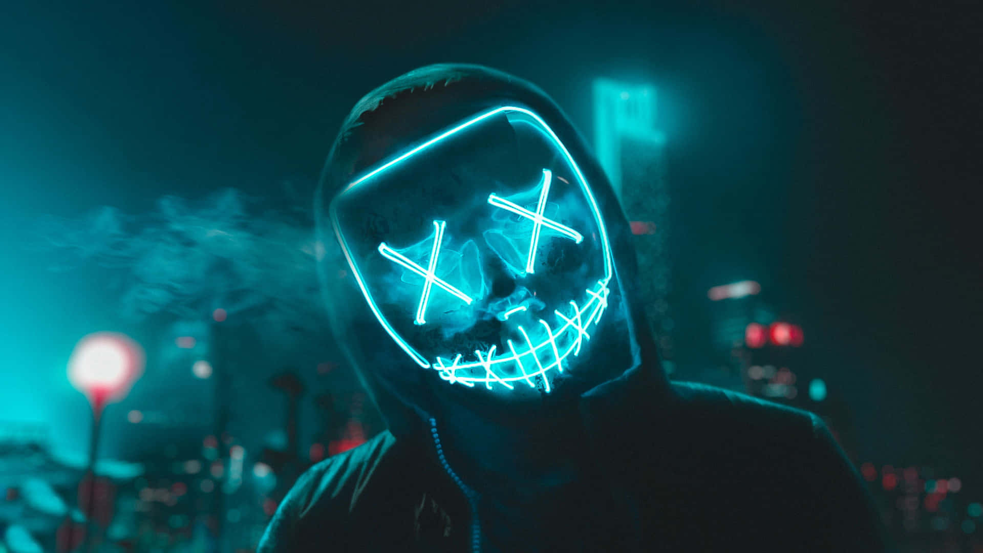 Caption: Radiant Neon Mask In The Dark Background