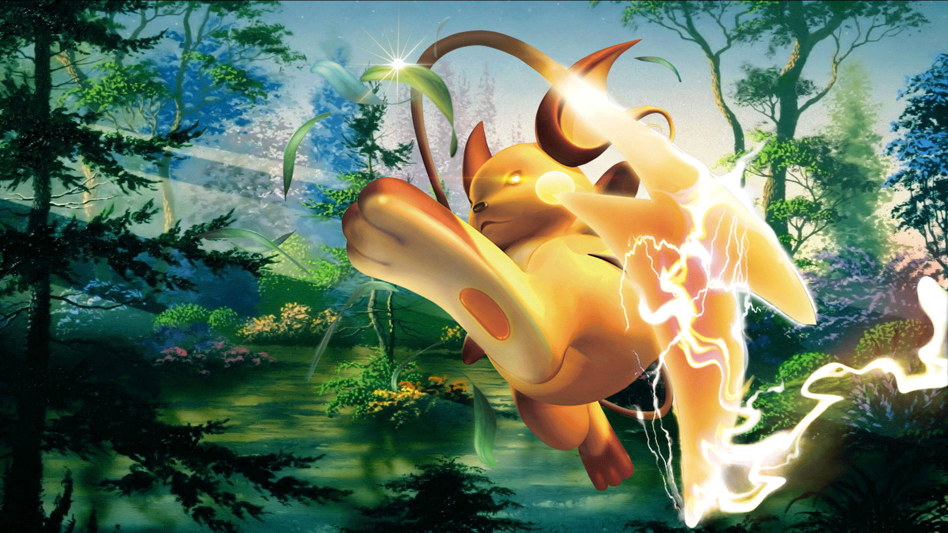 Caption: Raichu Showing Off Its Power In A Vibrant Digital Illustration Background