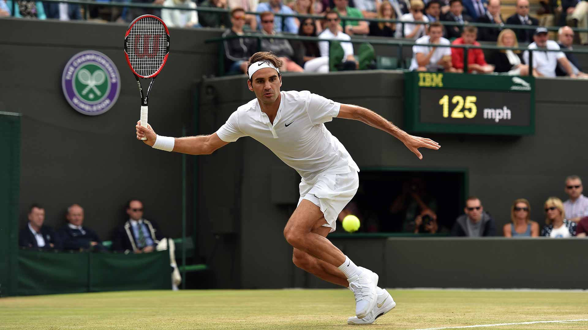 Caption: Roger Federer In Action At The Iconic Wimbledon Court Background