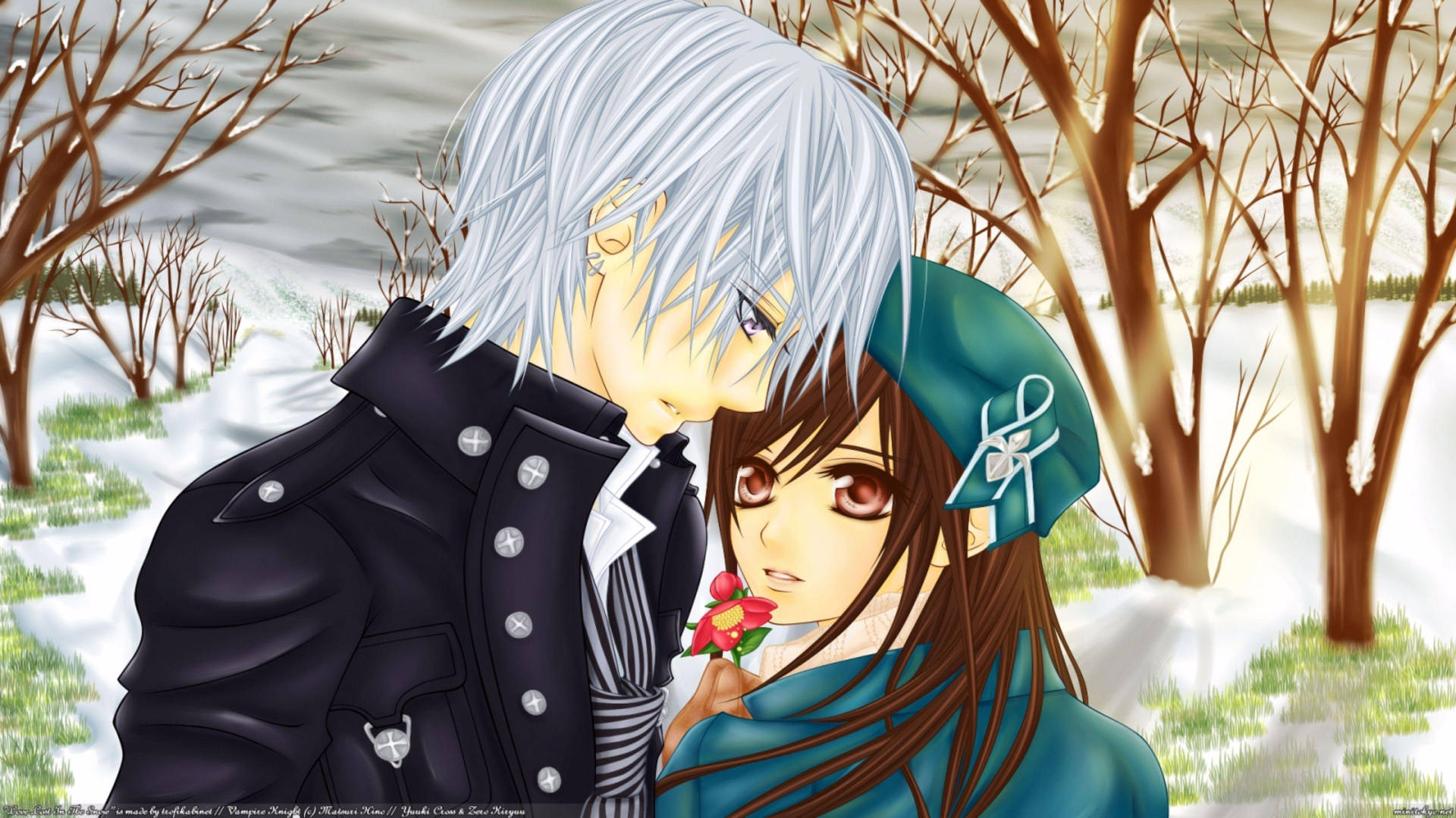 Caption: Romantic Anime Couple Embracing In The Fall Season Background