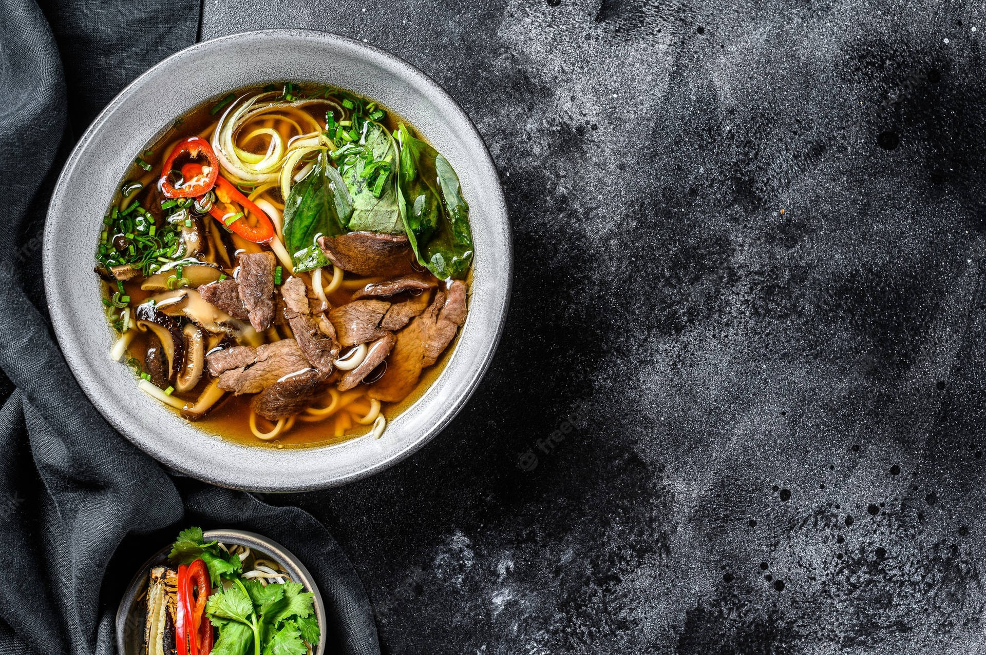 Caption: Savory Pho Soup With Beef And Chili Background