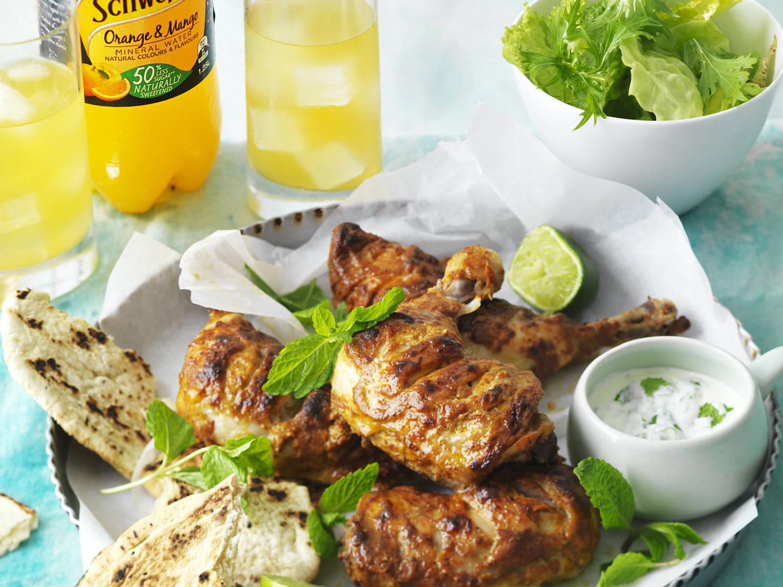 Caption: Scrumptious Tandoori Chicken With Mint Yogurt Dip Background