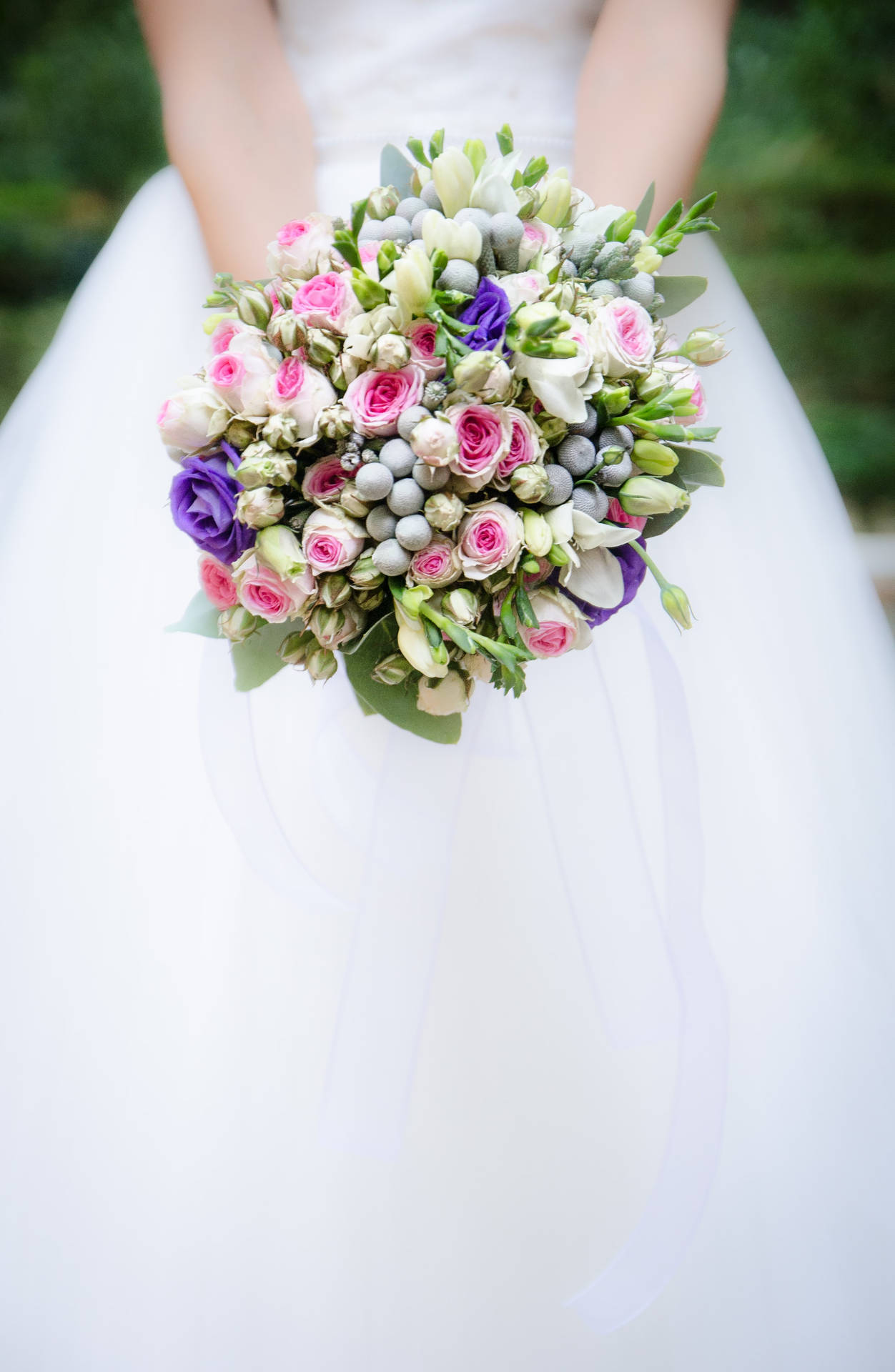 Caption: Serene Beauty Of White Tulips And Blush & Blue Roses Bouquet Background