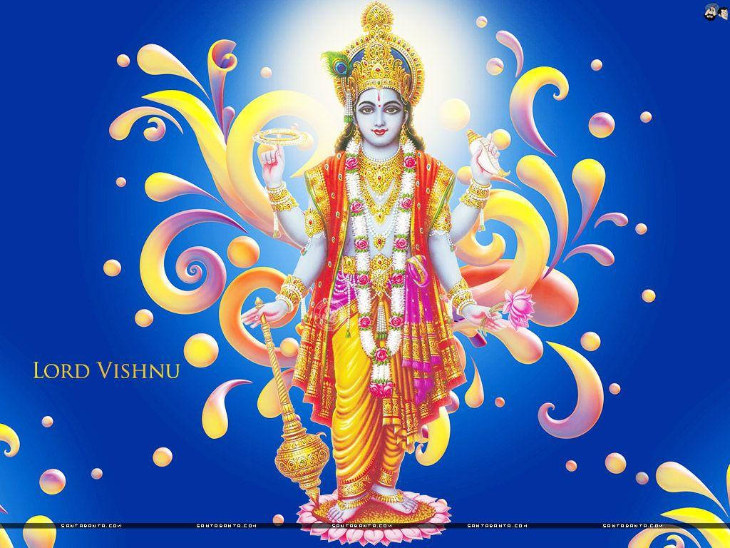 Caption: Serene Vishnu Adorned With Floral Garlands Background