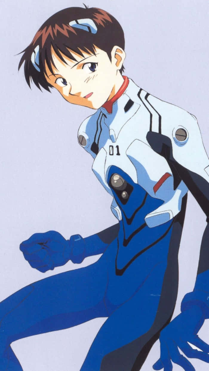 Caption: Shinji Ikari In His Iconic Plug Suit, Poised For Action. Background