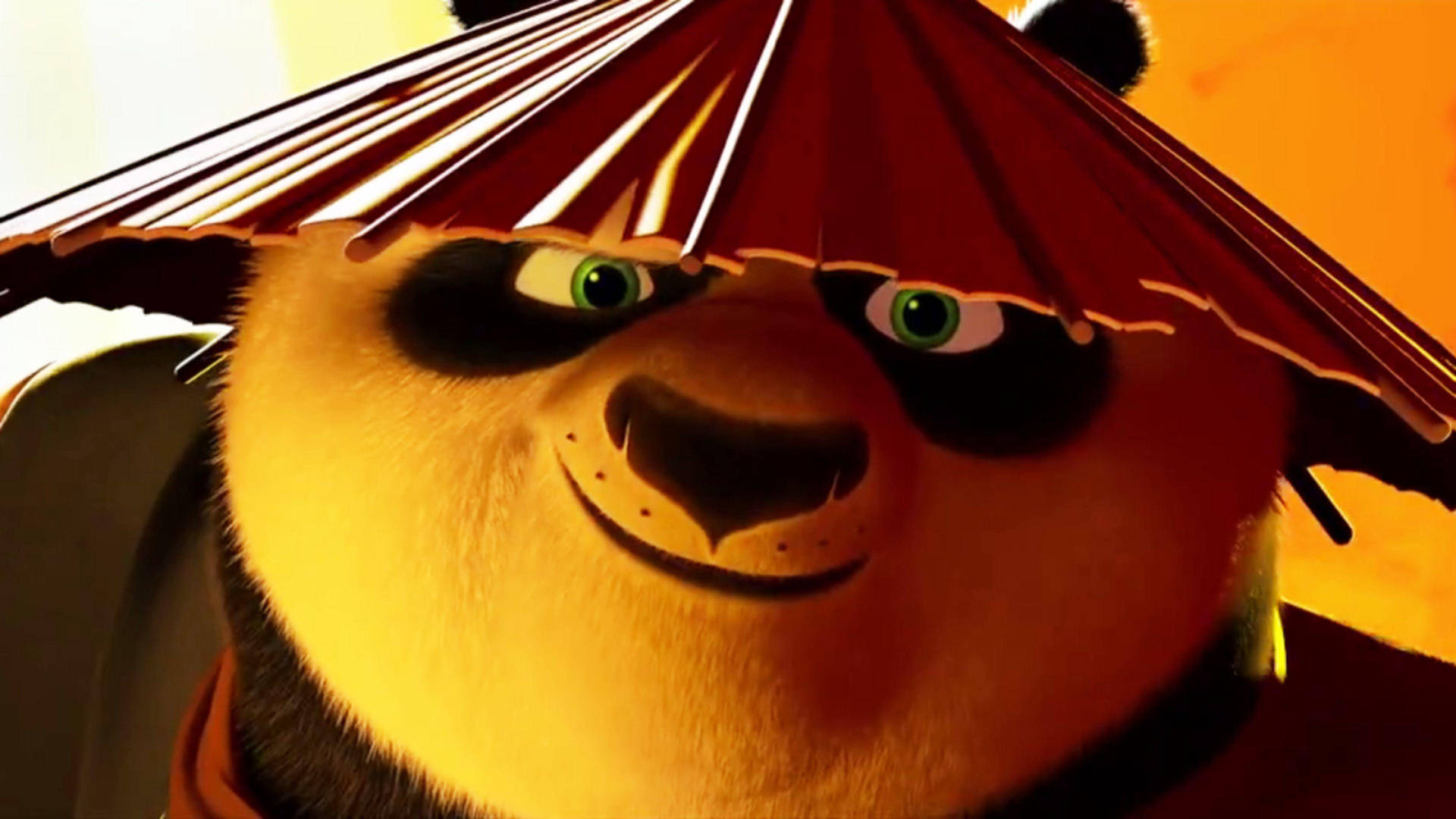 Caption: Smiling Kung Fu Panda Donning A Hat Background