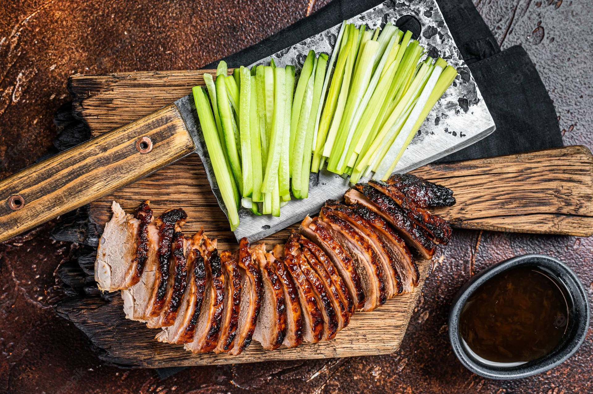 Caption: Succulent Roasted Peking Duck Background