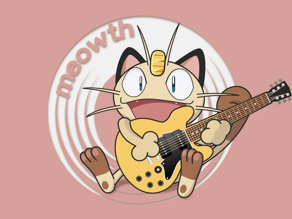 Caption: Talented Meowth Strumming Guitar Joyfully Background