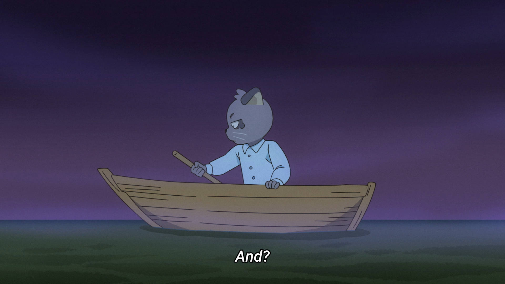 Caption: Tanaka On Boat In Odd Taxi Anime Scene Background