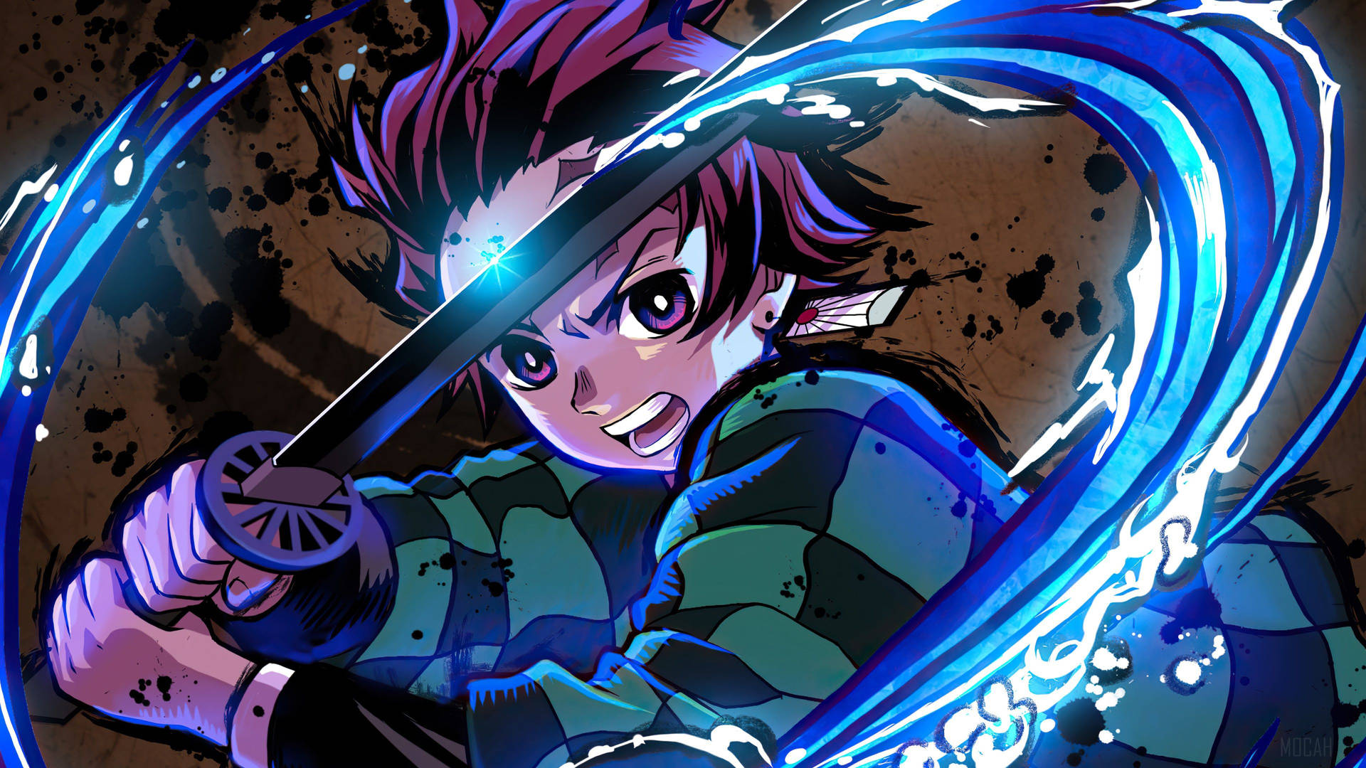 Caption: Tanjiro Kamado Wielding His Sword In An Intense Moment Background