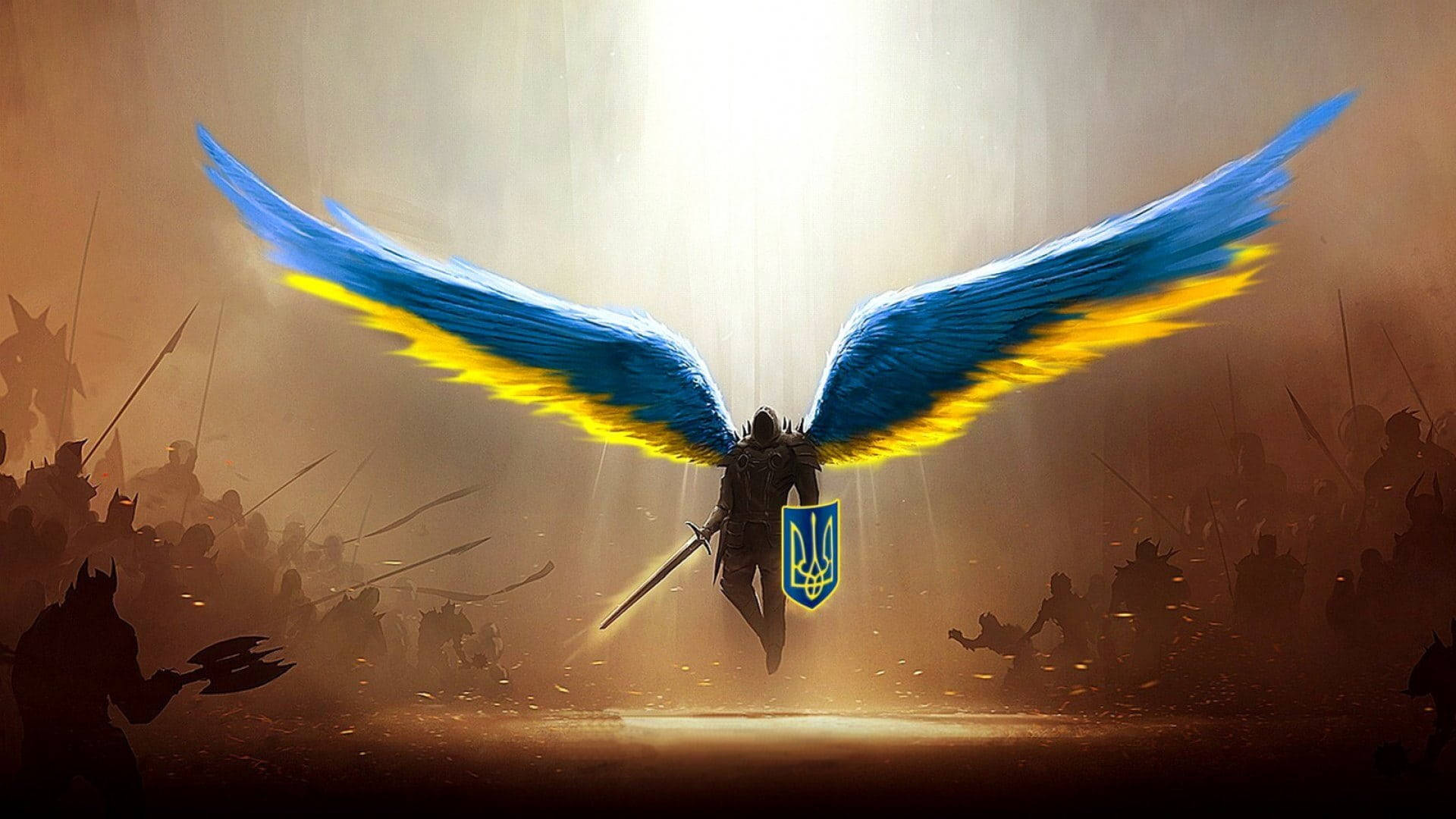 Caption: The Guardian Angel Of Ukraine On Ukrainian Flag Background