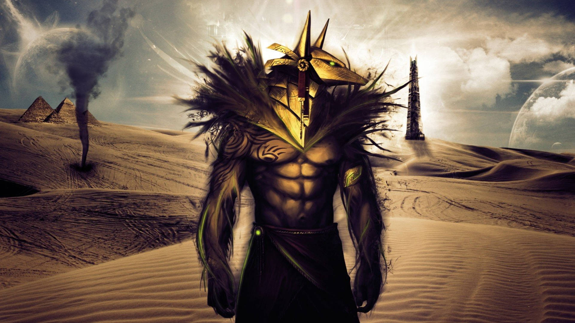 Caption: The Majestic Anubis Overlooking The Egyptian Desert Background