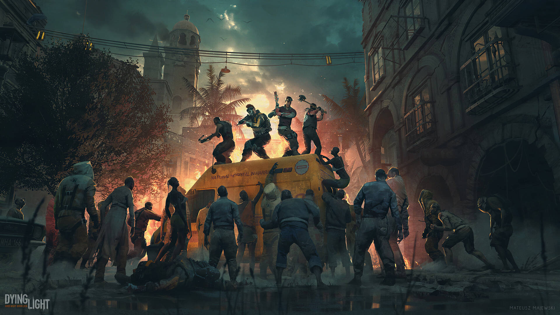 Caption: Thrilling Encounter In Dying Light 2 Cityscape Background