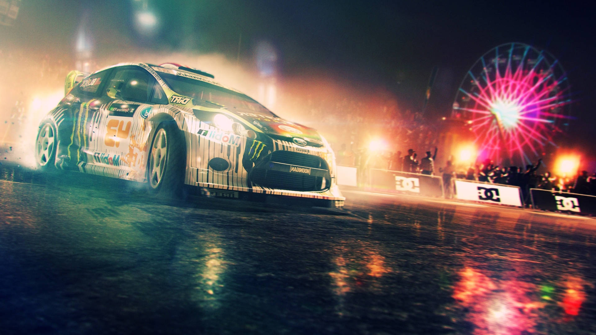 Caption: Thrilling Rally Race In Dirt 3 With A Ferris Wheel In The Background Background