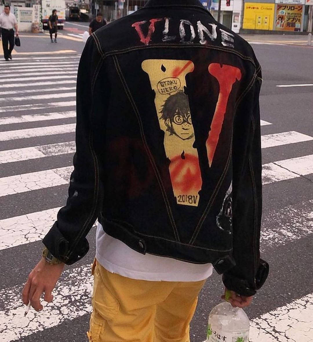 Caption: Trendy Vlone Black Denim Jacket - Streetwear Fashion Pfp Background