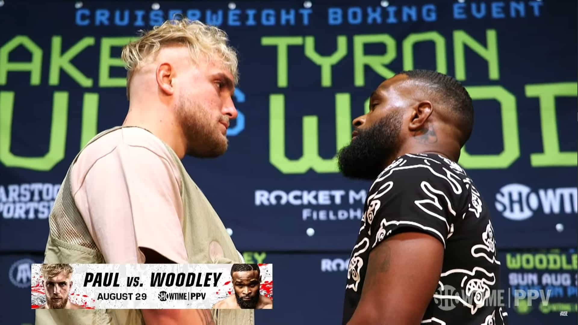 Caption: Tyron Woodley Vs. Jake Paul In Intense Boxing Match Background