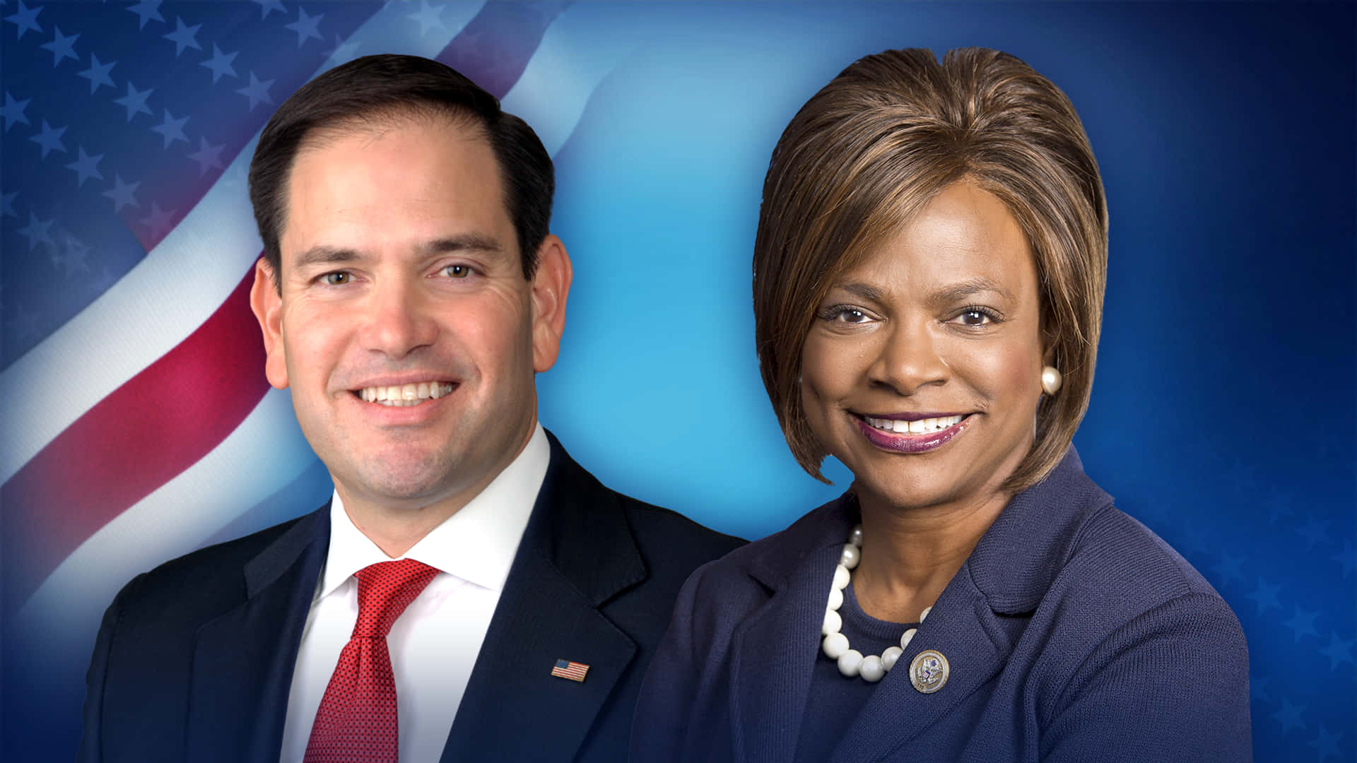 Caption: U.s. Politicians Marco Rubio And Val Demings In Conversation Background