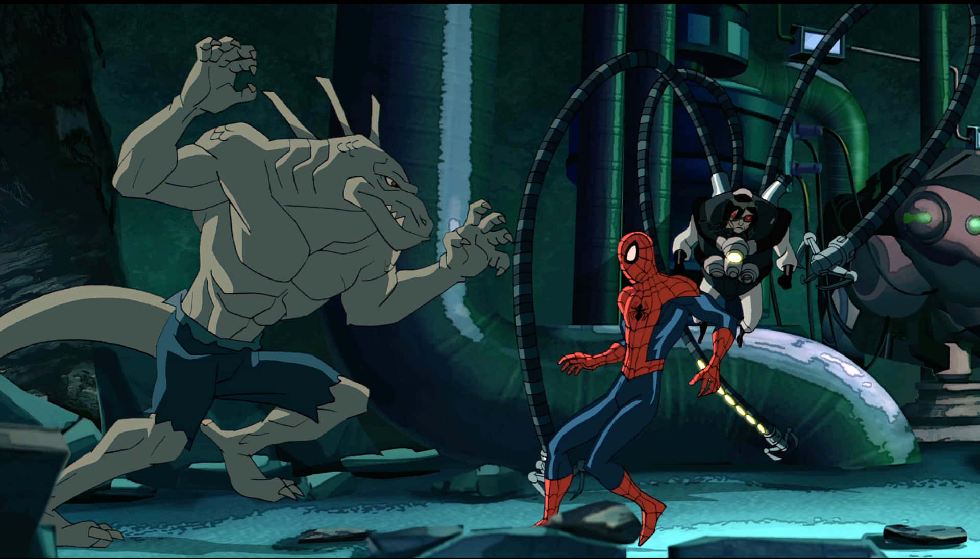 Caption: Ultimate Spider-man Swinging Through The City Background