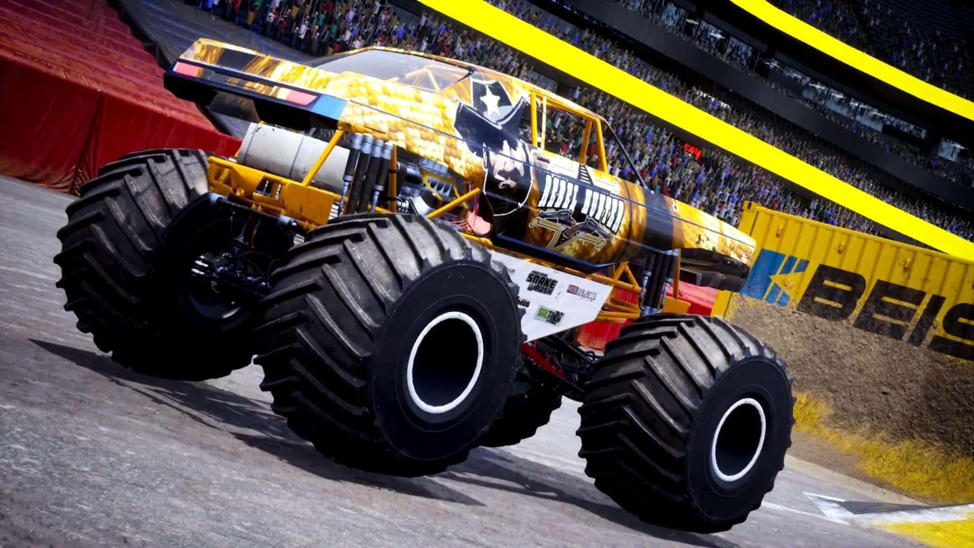 Caption: Unleashed Power: Thrilling Monster Truck Rampage