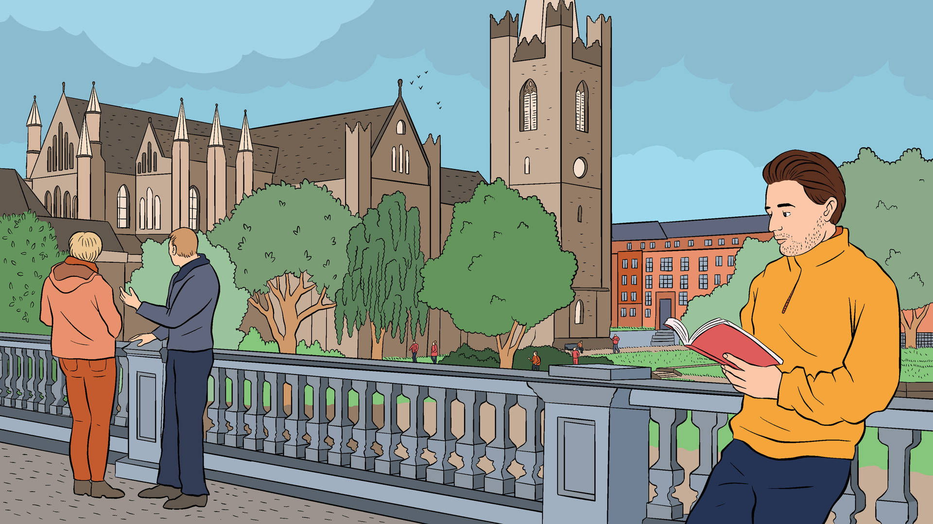 Caption: Vibrant Cartoon Illustration Of Dublin Cityscape Background