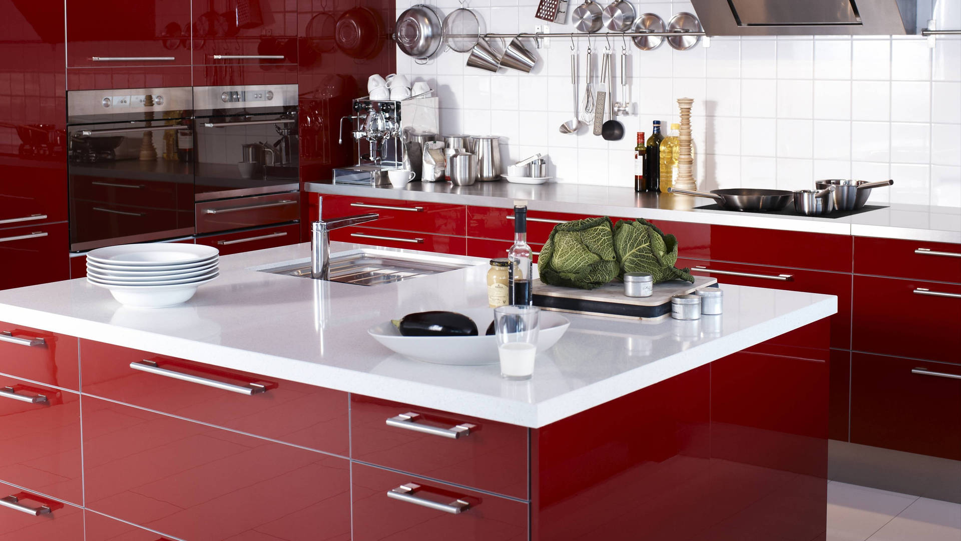 Caption: Vibrant Red And White Modern Kitchen Design Background