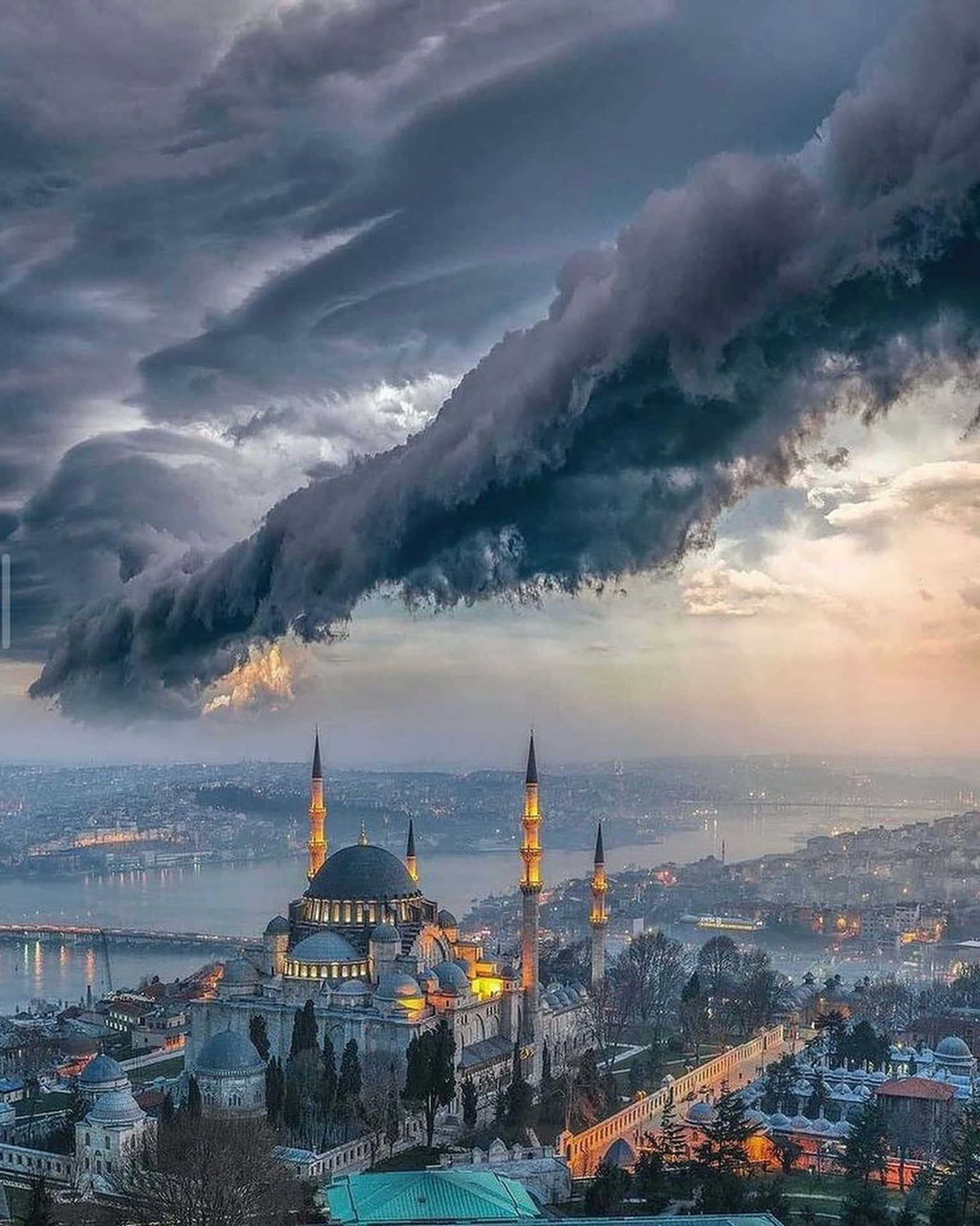 Captivating Aerial View Of The Blue Mosque Under Stormy Clouds Background