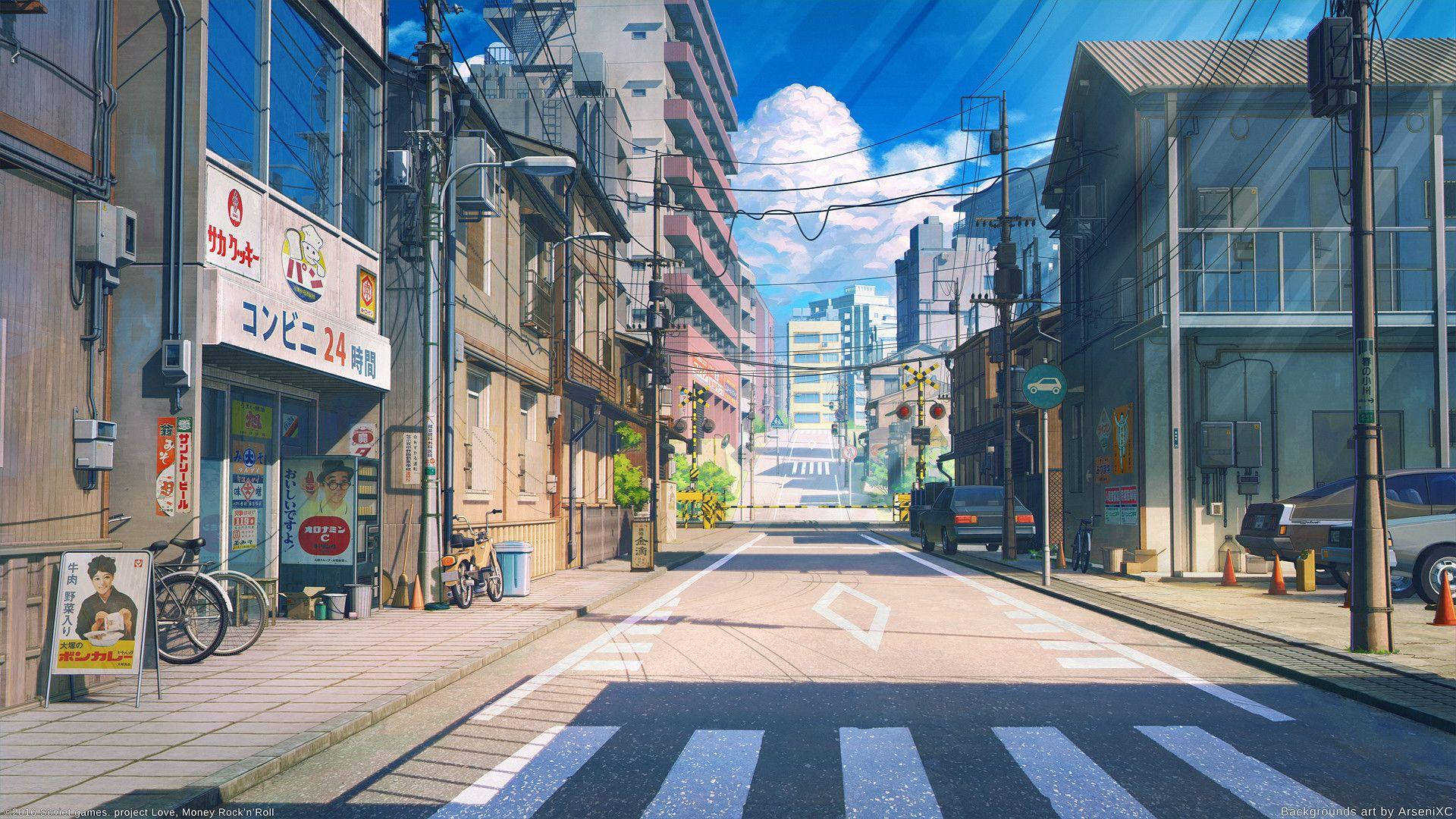 Captivating Anime Illustration Of A Bustling Japanese City Background