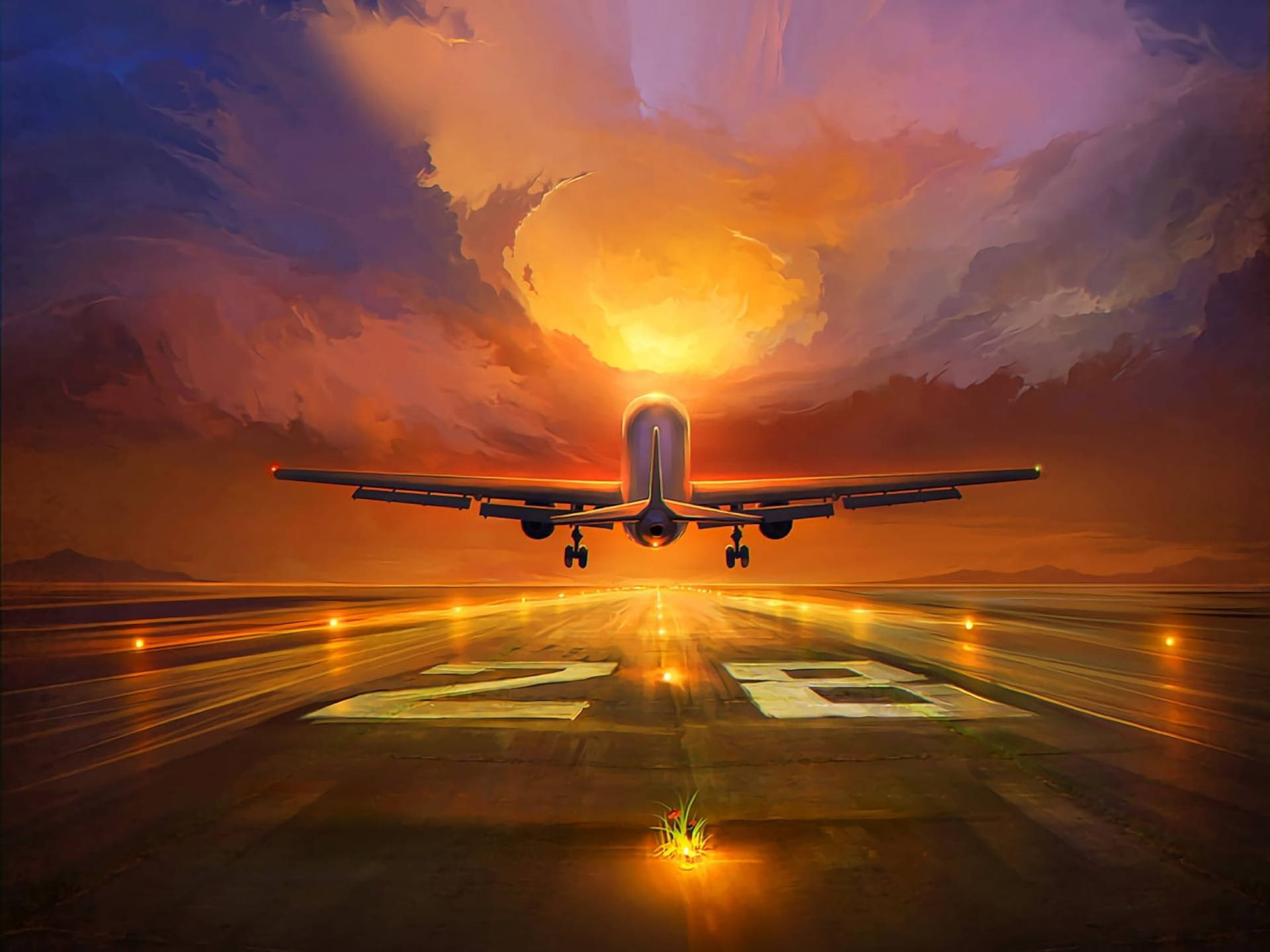 Captivating Artwork On Runway With An Airplane In View Background