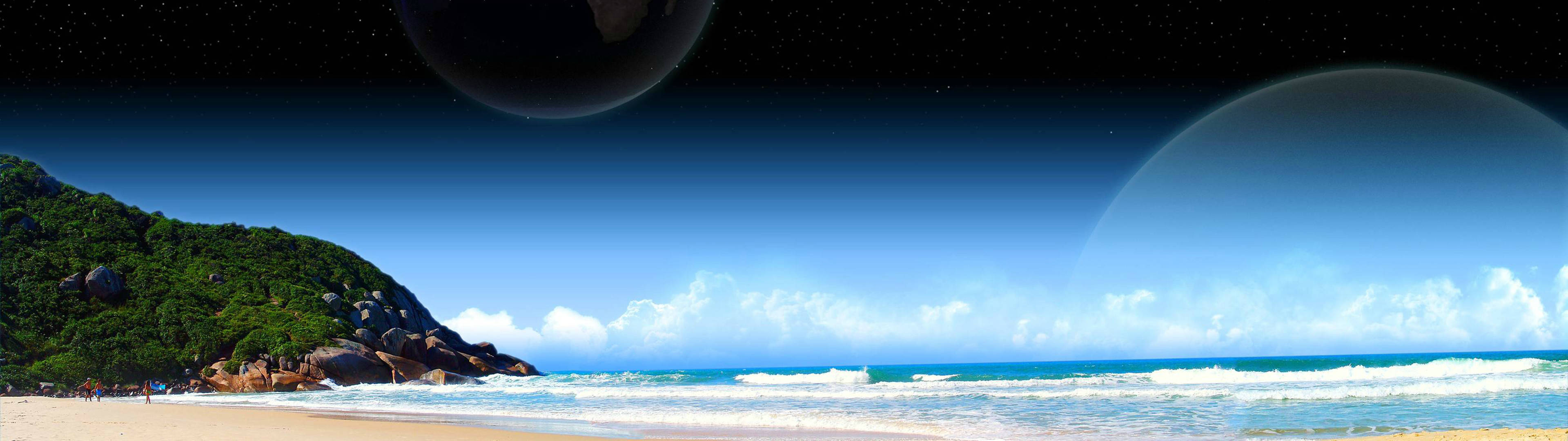 Captivating Dual Monitor Display Of Beach Skies Background