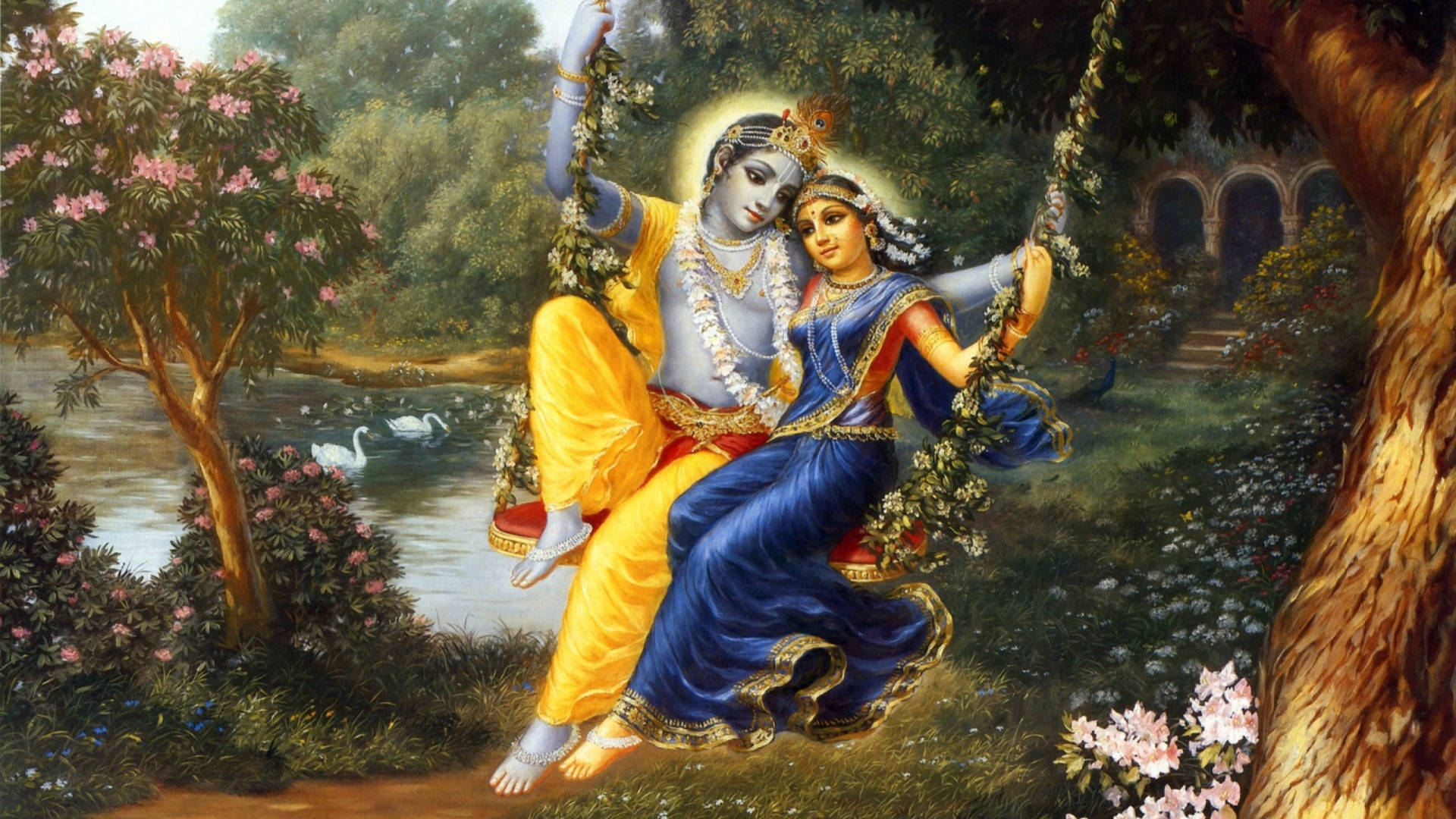 Captivating Iconography Of Hindu God Krishna With Radha Background