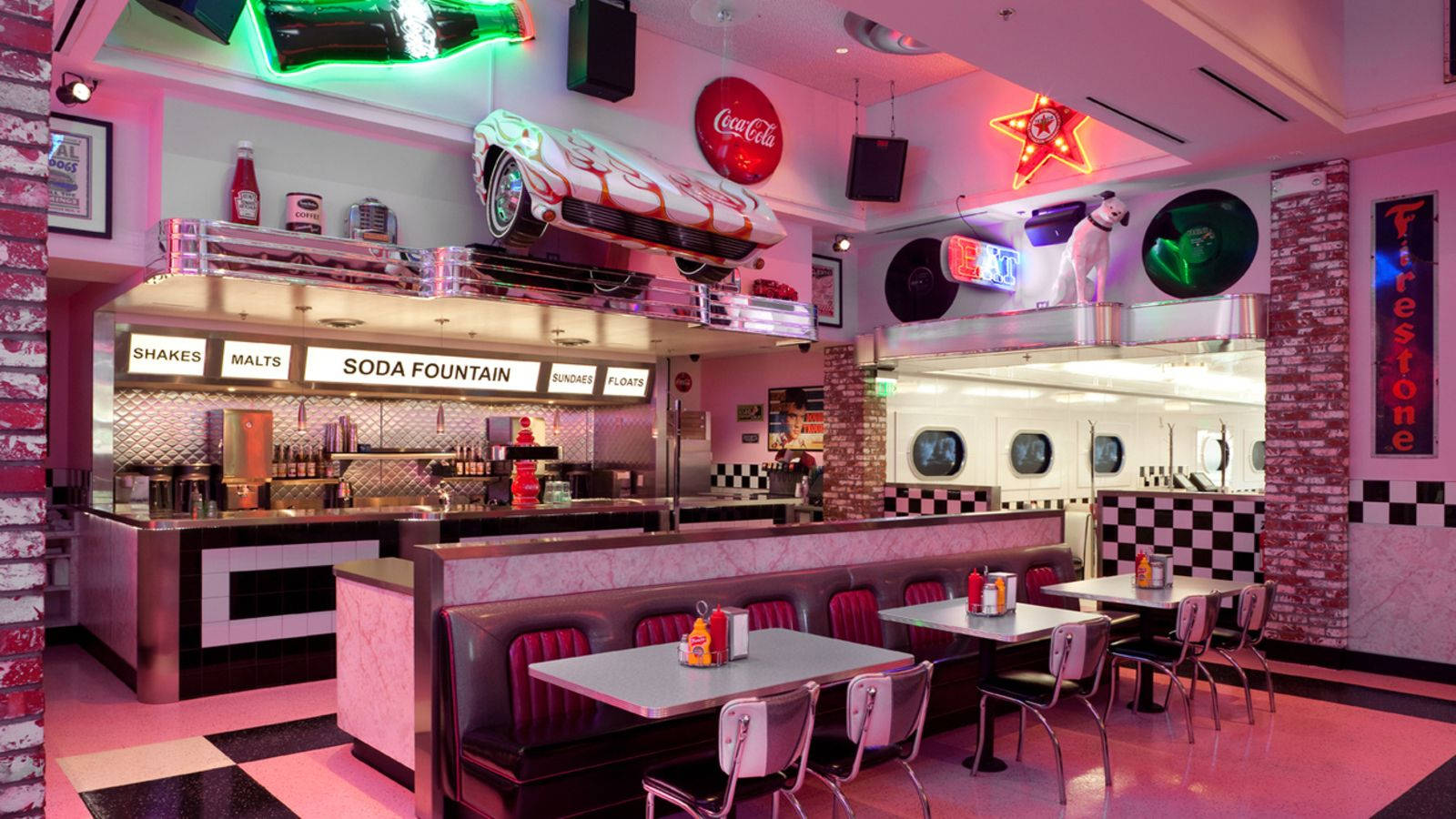 Captivating Pink 50s Diner Interior View Background
