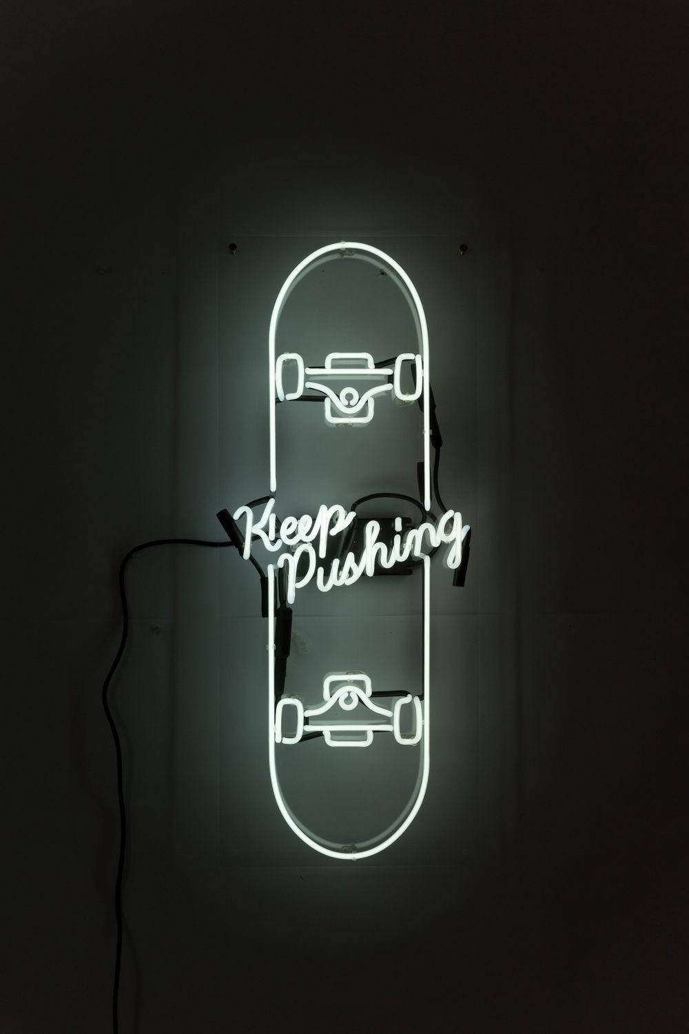 Captivating Skater Aesthetic With White Neon Sign Background