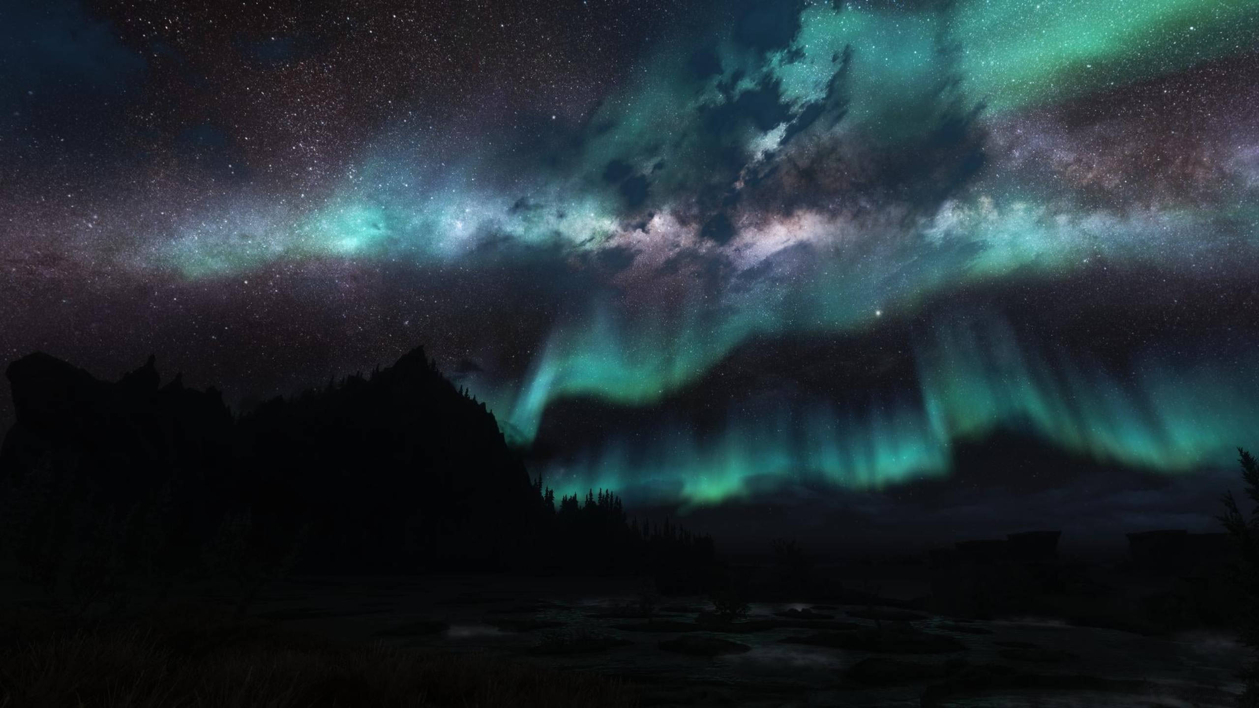 Captivating View Of The Black Galaxy With Vibrant Green Auroras