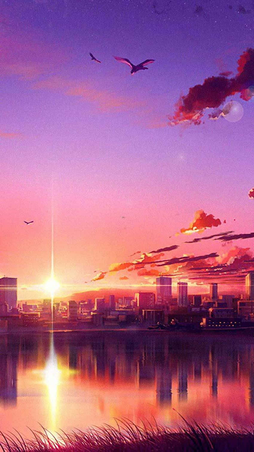 Capture This Vibrant Magical Moment Of An Anime Sunset Seen Through A Phone. Background