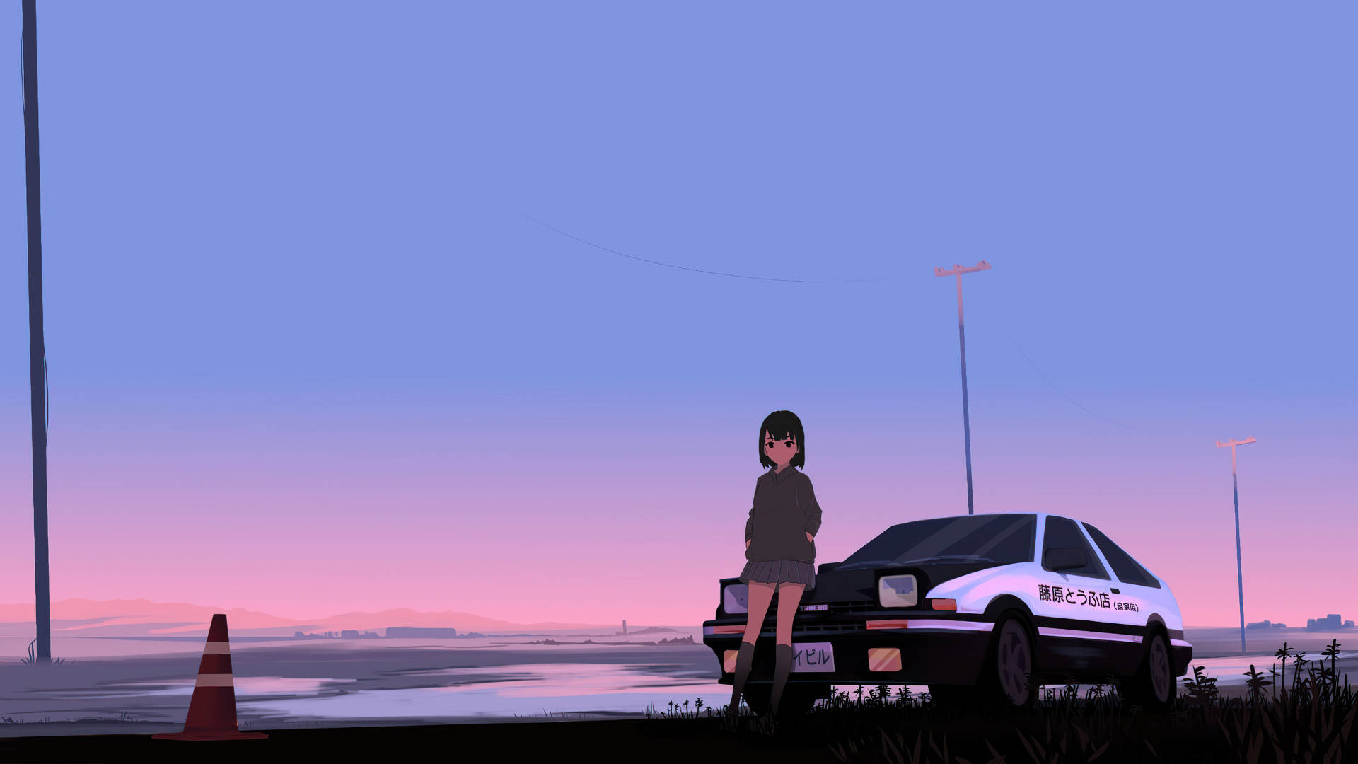 Car Anime And Pastel Sky Background