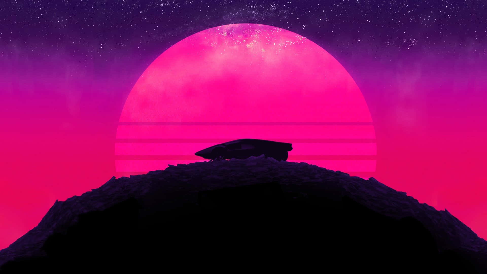 Car Silhouette Over Big Pink Moon Background