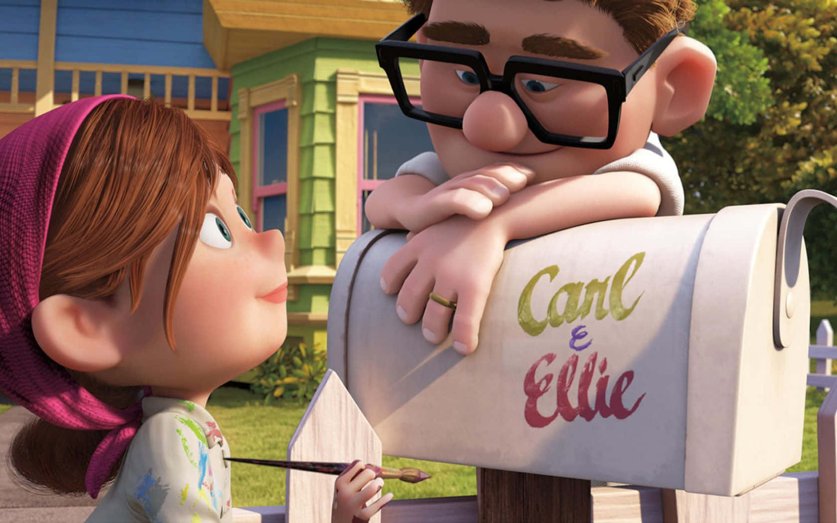 Carl And Ellie Painting Mailbox In Up Movie Background