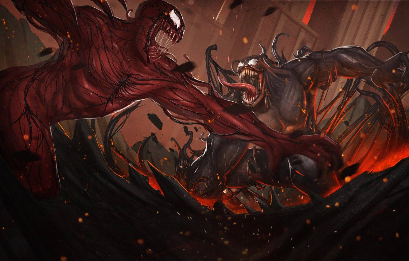 Carnage Clashes With Venom In A Thrilling Battle Background