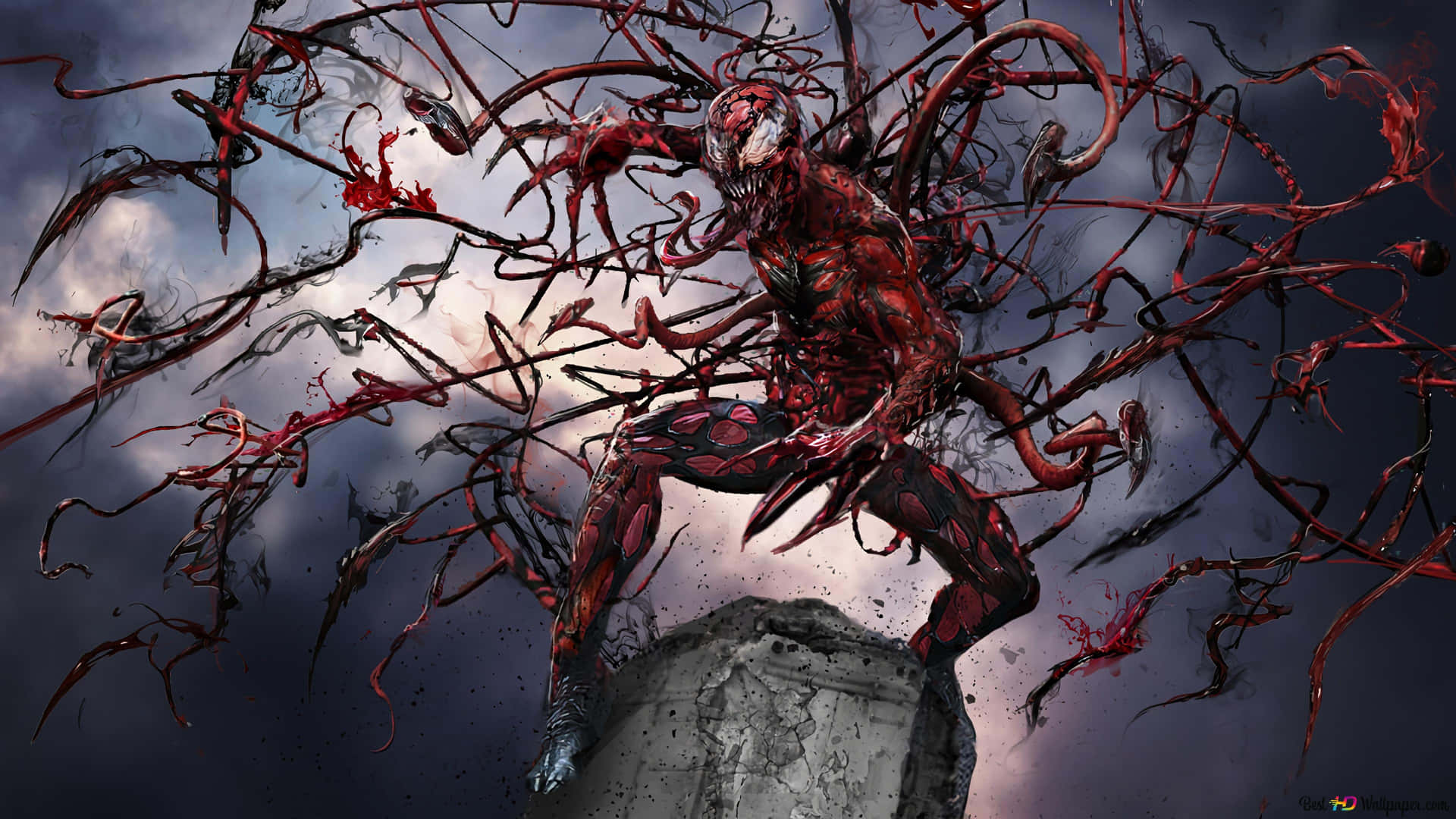Carnage, The Macabre Marvel Supervillain In A Menacing Stance. Background