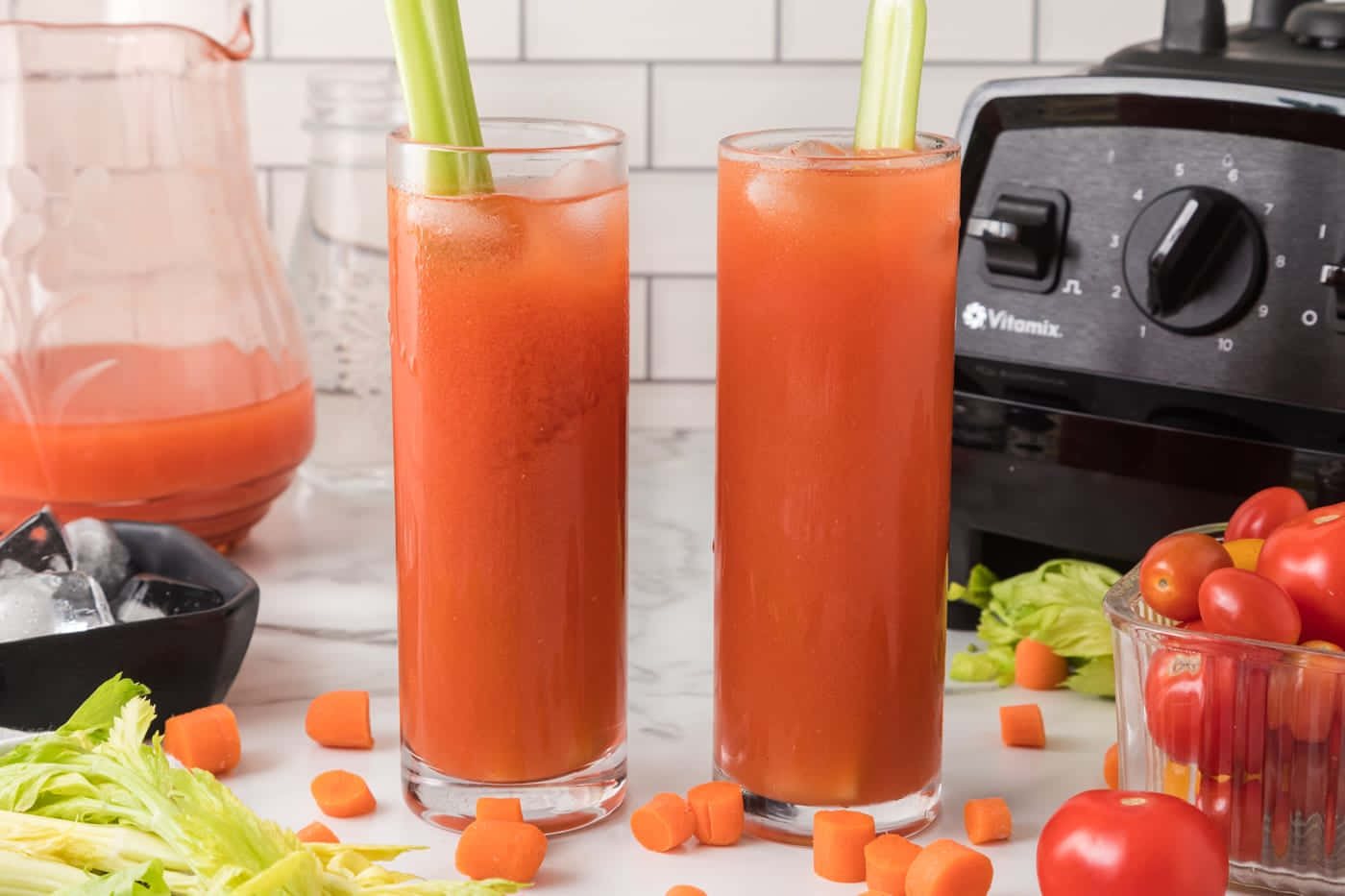 Carrot Juice With Tomatoes And Celery Sticks Background